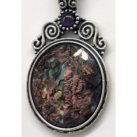 Kenneth Cole Abalone Shell Necklace Earrings Set Silver Tone Metal Swirl Ornate - Picture 15 of 17